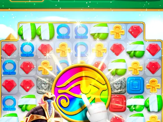 Spielbrett von Gods & Gems mit Anch-Steinen, blauen Ringen und rotem Edelstein