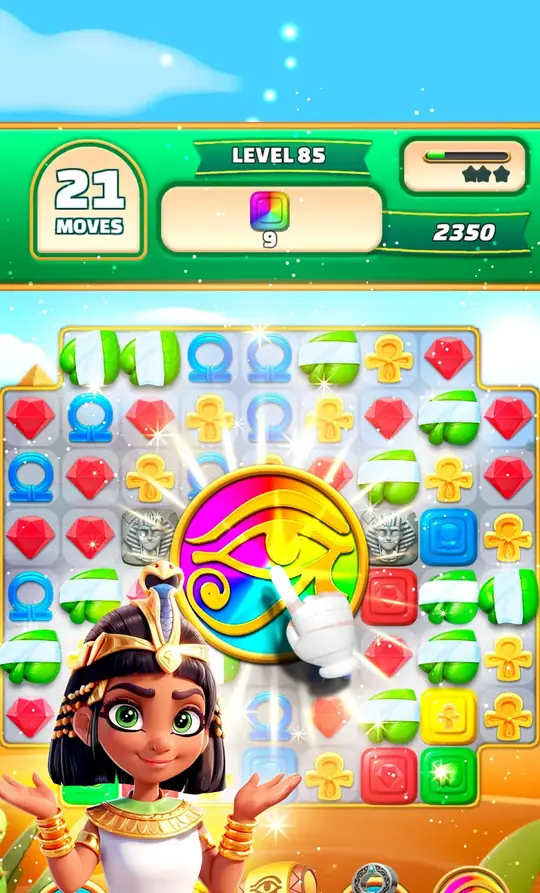 Gods & Gems, Level 85: Brett mit regenbogenfarbenem Horusauge und Zugzähler 21