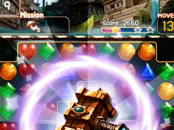 Jewel Ruins: bronzener Hammer als Sonderteil vor einem Lichtwirbel auf dem Juwelenbrett